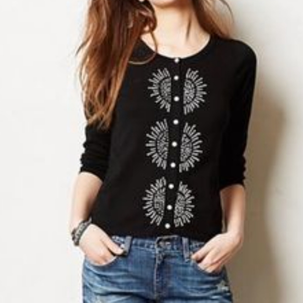Anthropologie HWR Black Cardigan Sweater White Embroidery Small S